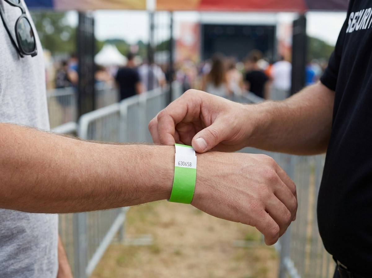 Säkerhetspersonal som kontrollerar en festivaldeltakares skyddslåsta armband vid ingången till ett evenemang