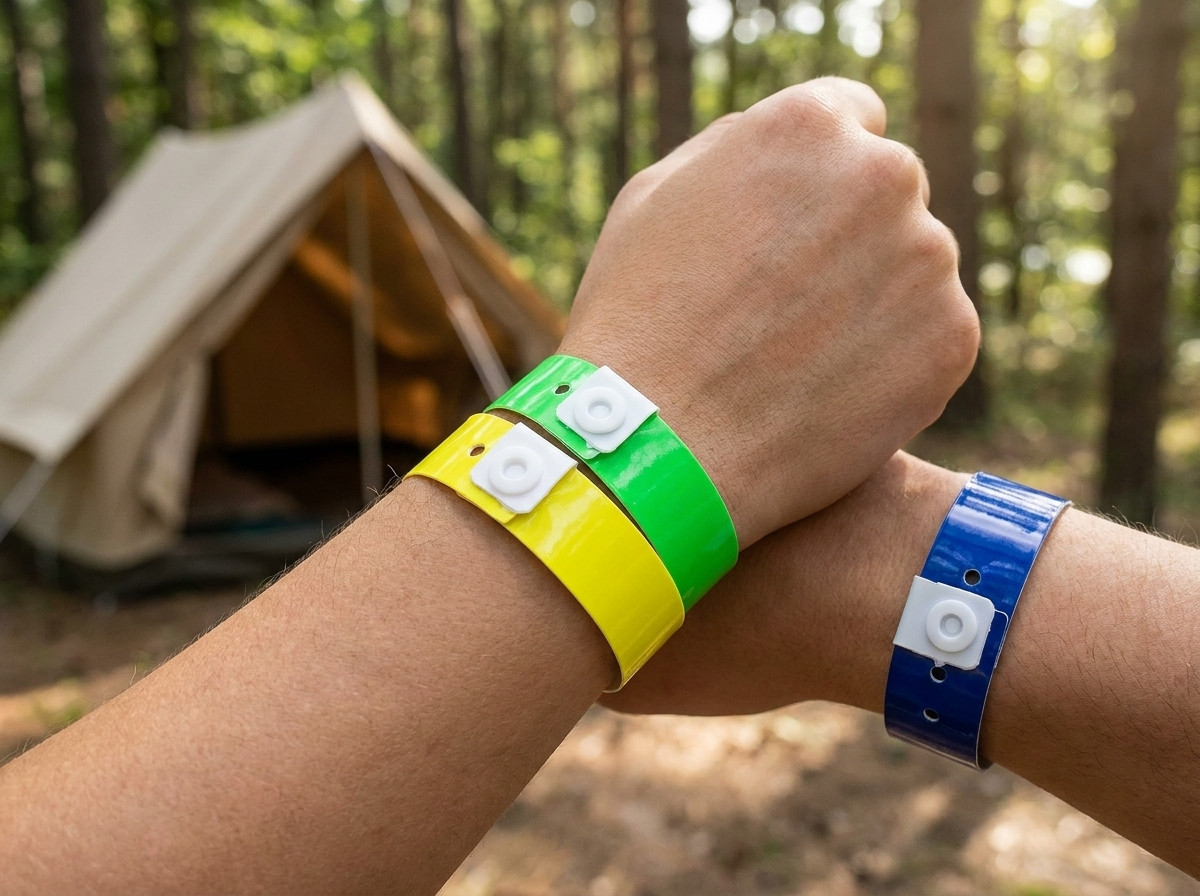 Färgglada campingarmbånd i Tyvek burna av campare vid entrén till en solig utomhuspool