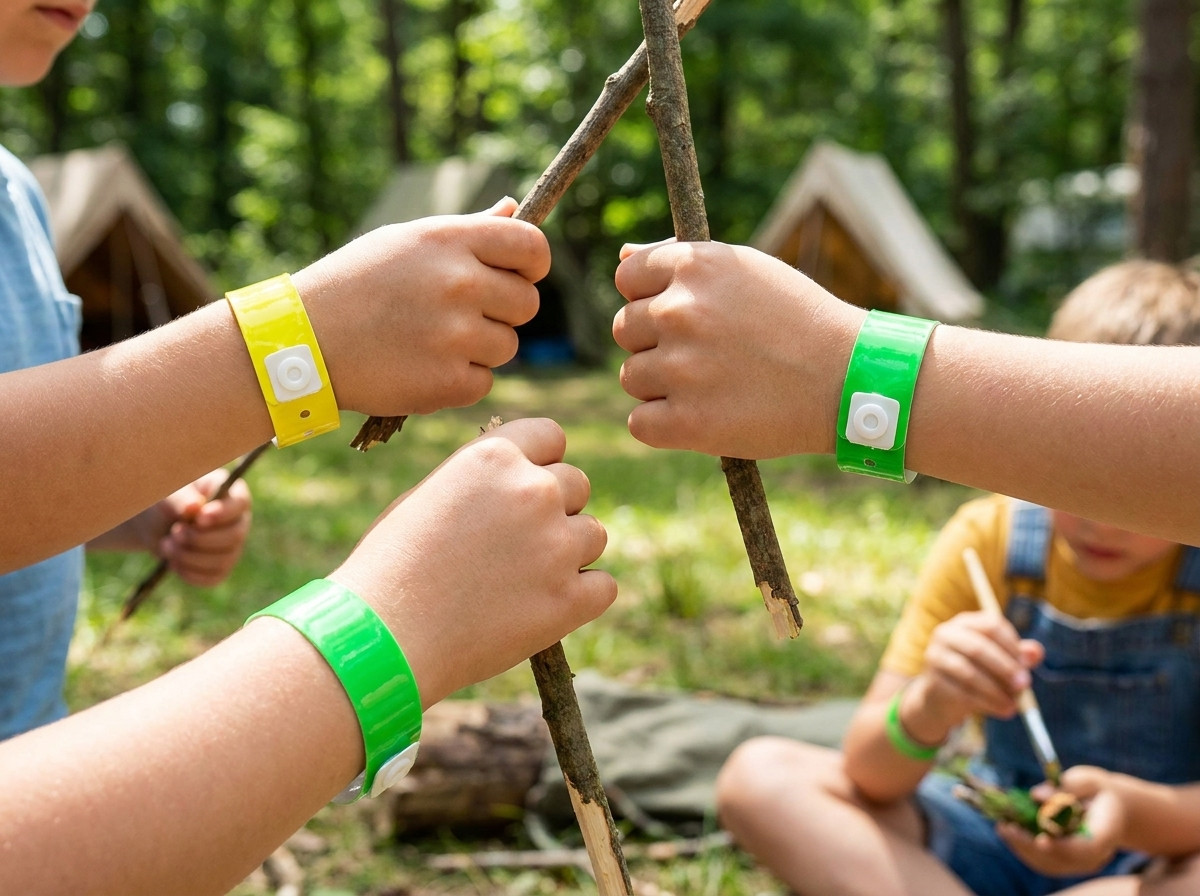 Färgglada Tyvek-armbånd för campingens miniclub, burna av barn som deltar i en utomhusaktivitet