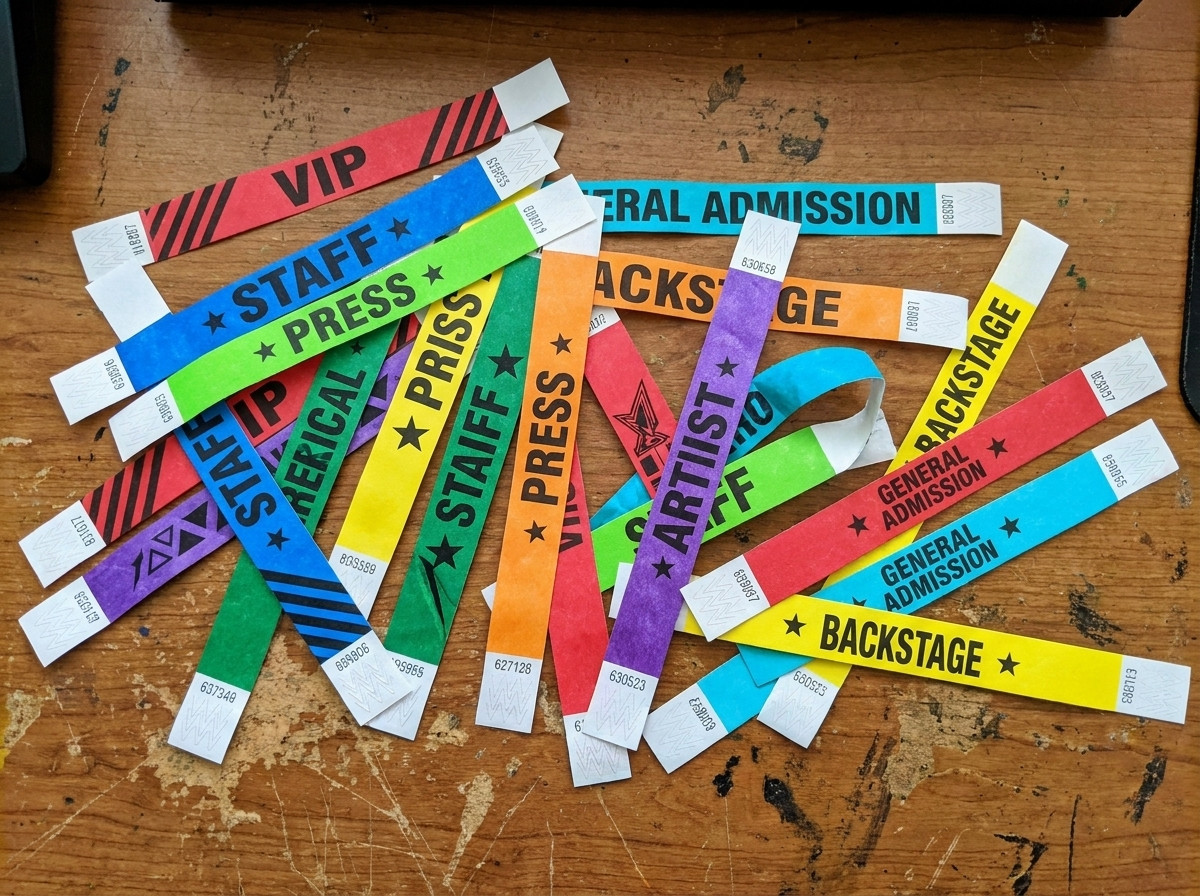 Färgade Tyvek-festivalarmband arrangerade på ett regiebord, som visar olika färger och tryck för att särskilja olika typer av pass