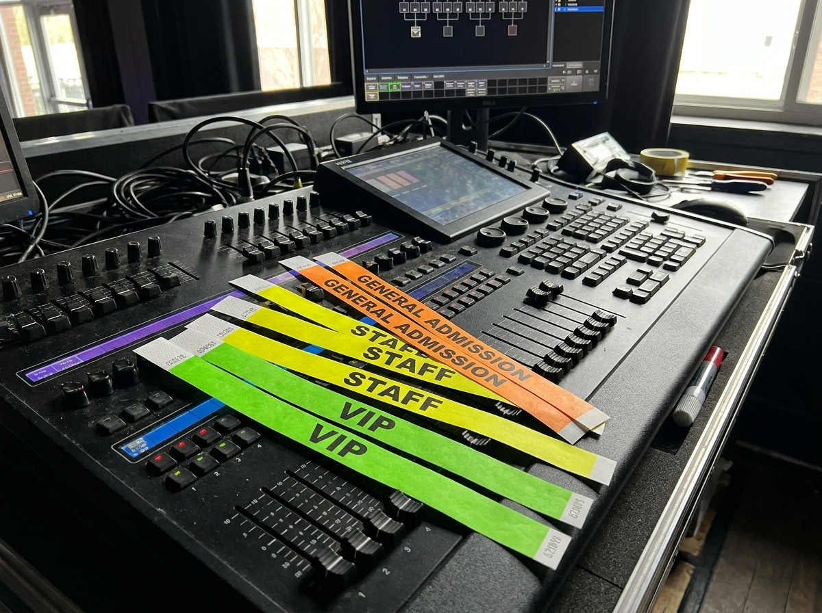 Anpassade konsertarmbånd i Tyvek, olika färger för VIP, personal och publik, placerade på ett ljusregibord backstage