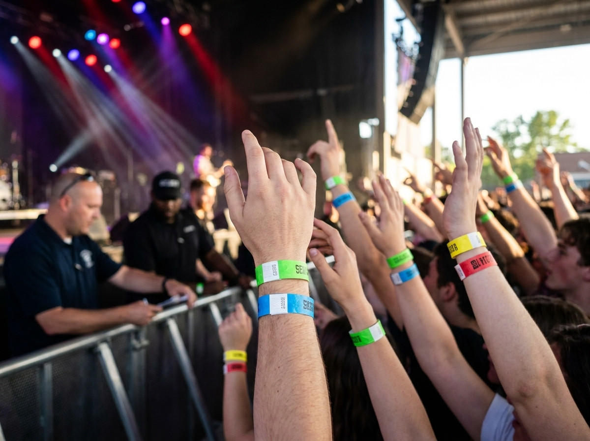 Färgglada identifieringsarmbånd burna av åskådare i fotogropen under en konsert, säkerhetsvakter kontrollerar åtkomst i bakgrunden