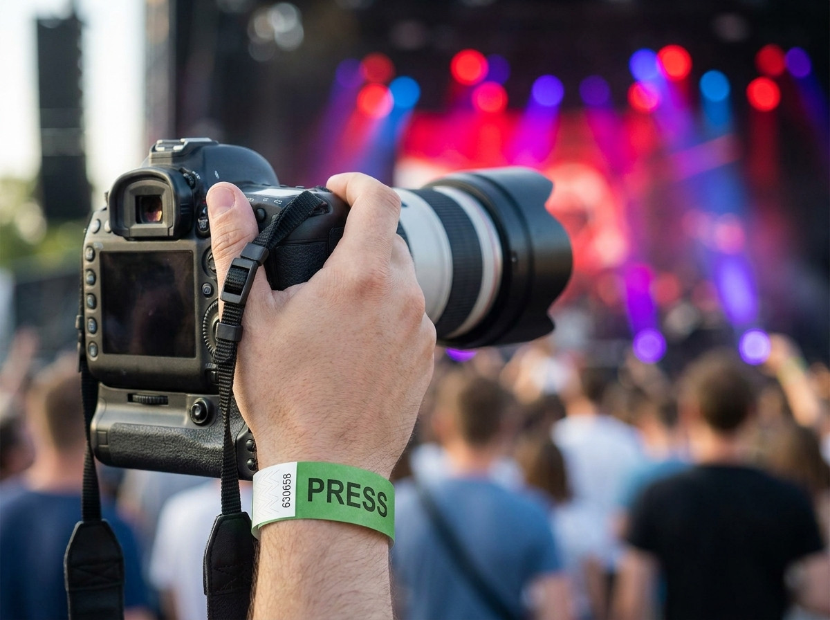 Fotograf i fotogropen med ett anpassat pressarmbånd under en konsert