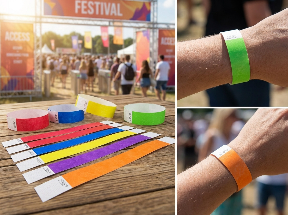 Accesskontrollarmbånd i olika färger för VIP-zoner och reserverade områden vid ett festival