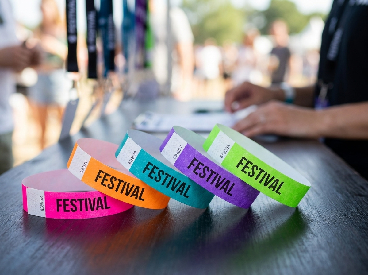 Anpassade festivalarmbånd i flerfärgat Tyvek med HD-tryck och anti-överförings-stängning, placerade på ett regibordet för evenemang