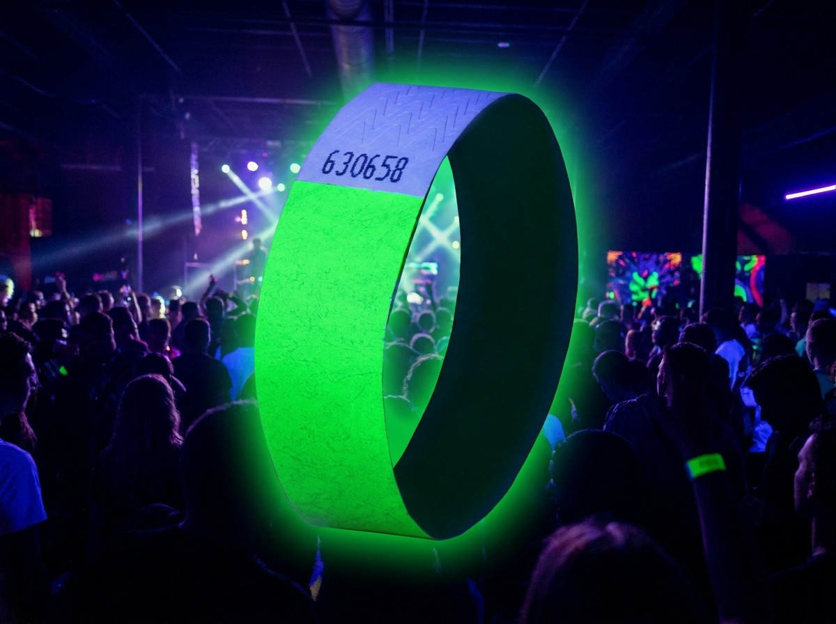 Fluorescerande Tyvek-armband för elektrofestival under svart ljus, med logotyp och QR-kod tryckta i hög upplösning