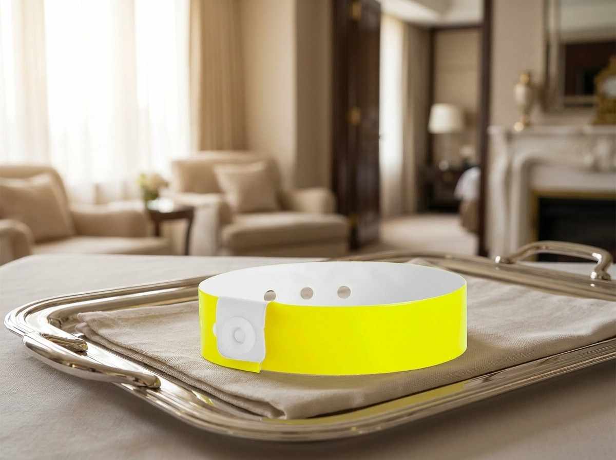 Personligt VIP-armband för gäst i hotellsvit, placerat på en elegant bricka