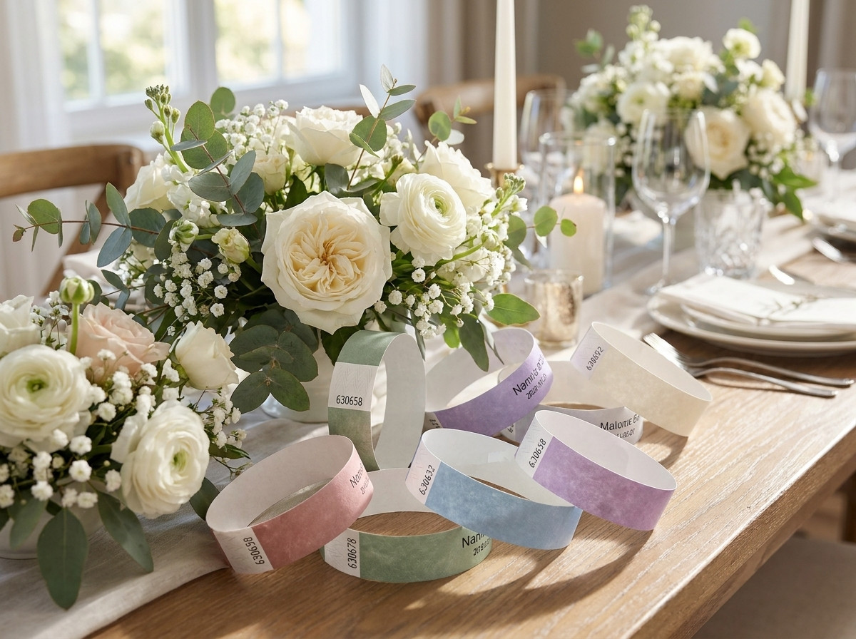 Personliga färgglada Tyvek-armband till ett bröllop, placerade på ett bord dekorerat med blommor