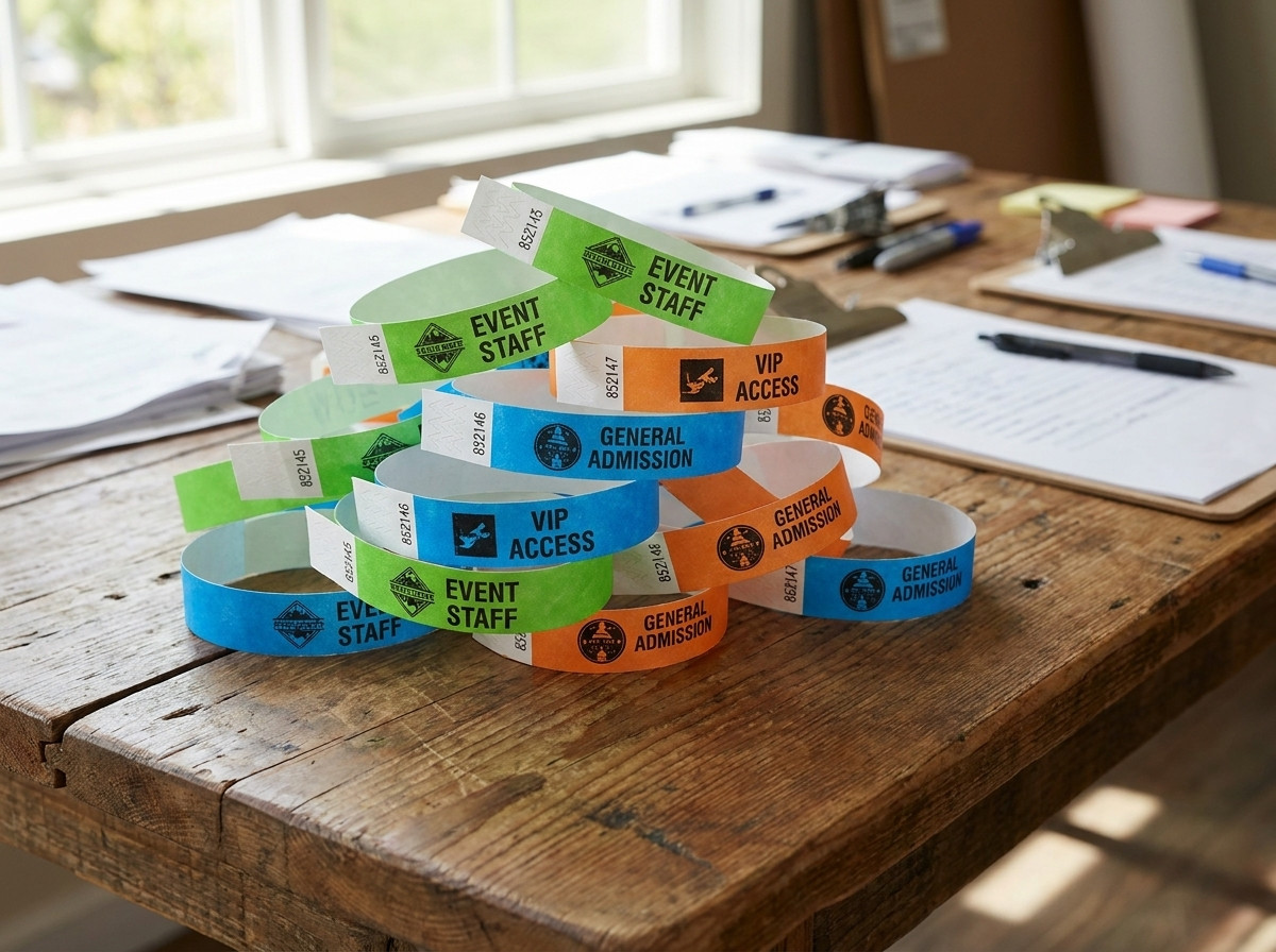 Personaliserade Tyvek-armband med logotyp och numrering förberedda för ett festival eller företagsseminarium