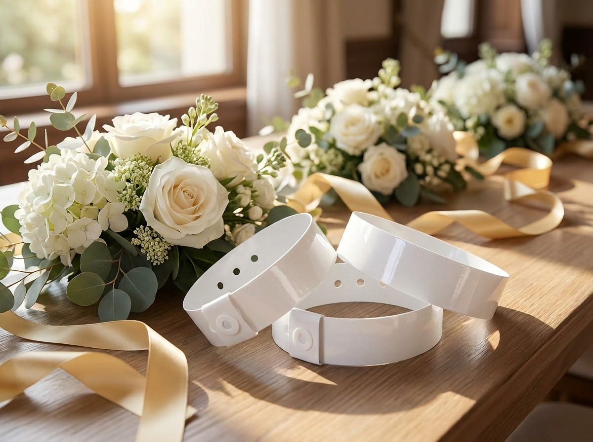 Personliga VIP-brölloparmband placerade på ett bord dekorerat med vita blommor och guldfärgade band