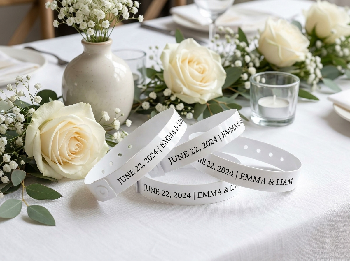 Personliga vita Tyvek-armband med brudparets förnamn och datum, placerade på ett bröllopsbord dekorerat med blommor