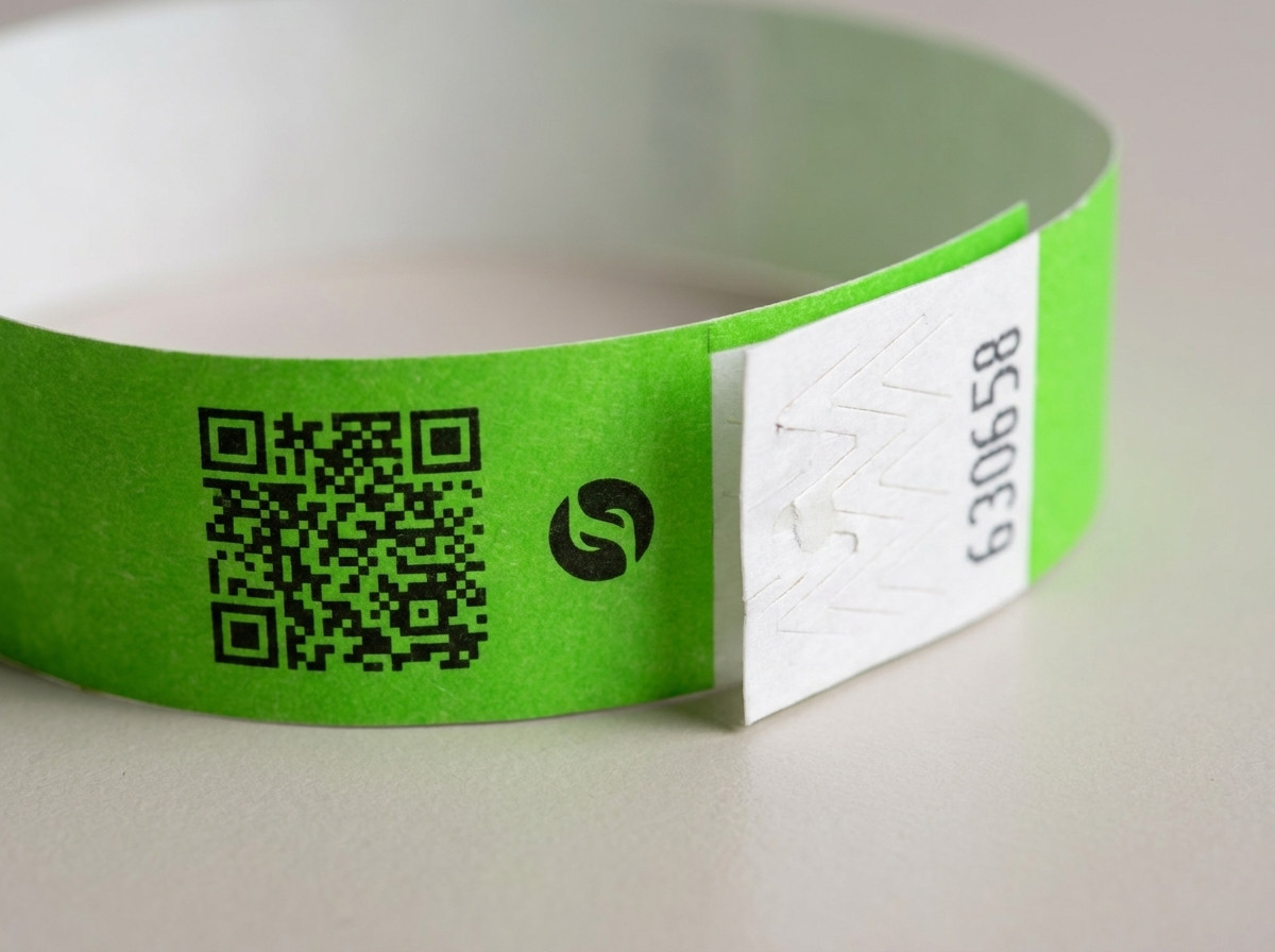 Närbild på ett identifikationsarmband med QR-kod och logotyp tryckta i hög upplösning