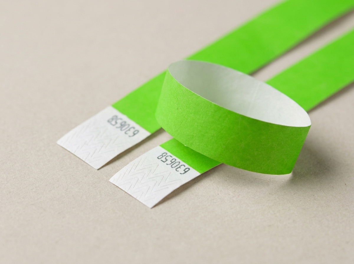 Jämförelse sida vid sida av ett skrynkligt pappersarmband efter en dags användning och ett fortfarande intakt Tyvek-armband