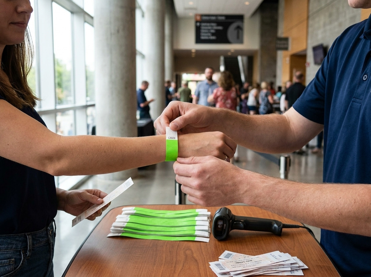 Åtkomstkontrollbord vid ett festival, med QR-kodade Tyvek-armband staplade redo att distribueras och en agent som skannar en deltagares handled med en telefon