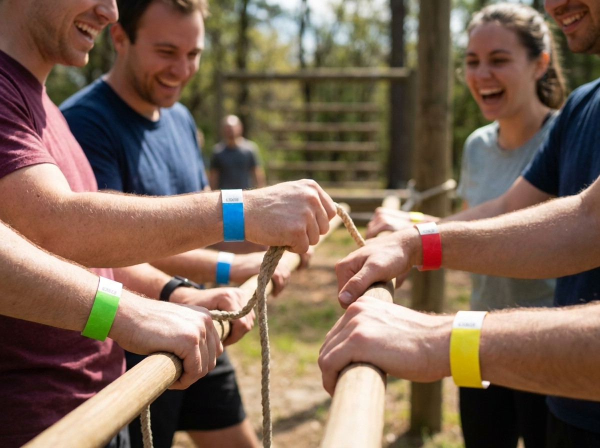 Färgglada teambuilding-armband burna av deltagare vid en utomhusaktivitet där varje färg representerar ett olika lag