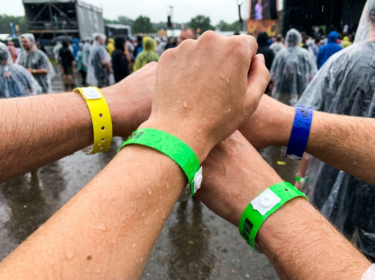 Färgglada vinyl-PVC-armband burna på handleden under en flerdagsfestival i regnet