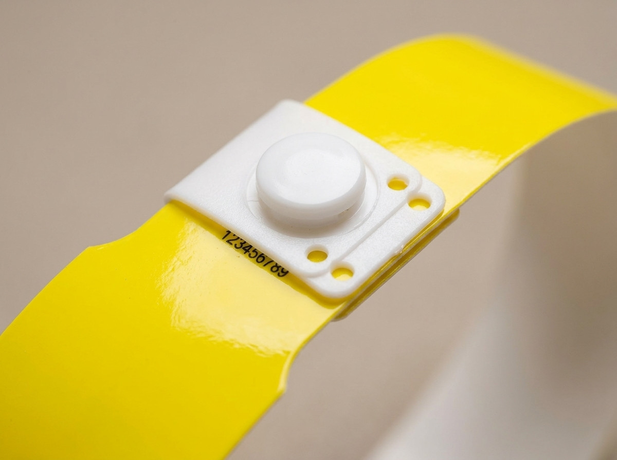Närbild på ett gult vinyl-PVC-armband med plastknäppstängning